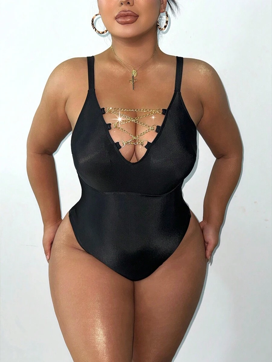 Swim SXY Plus Size Metal Chain Sexy One Piece Swimsuit Summer - Black - View 1