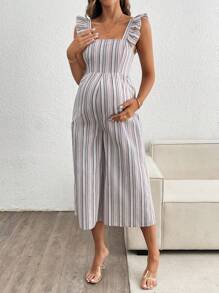 SHEIN Mono de embarazo informal con mangas con volantes, cuello cuadrado y decoración de lazo, con pantalones 3/4