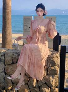 DAZY 植物碎花图案收腰V领女士中长雪纺连衣裙复活节连衣裙 - 粉色 - 查看 4