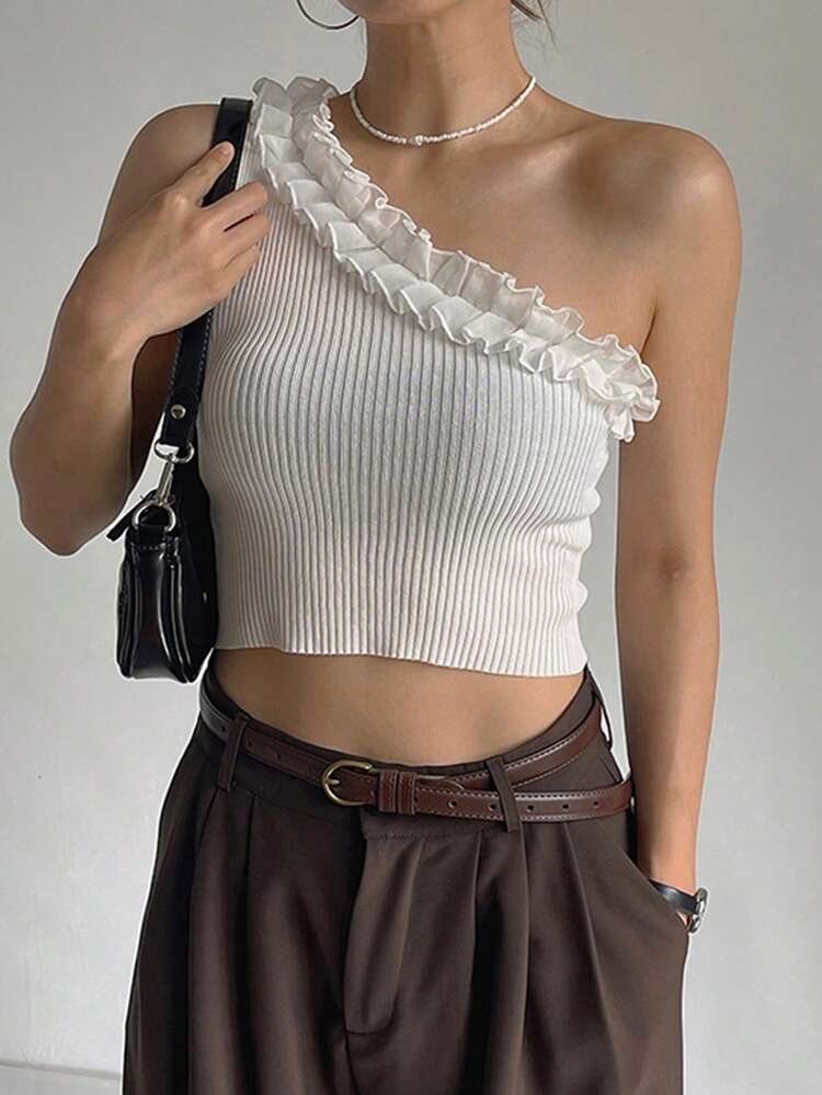 Women's Patchwork Frill Trim Asymmetric Shoulder Fitted Cropped Knit Top, White, Spring/Summer