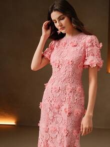 Anewsta Women's Summer New Arrival Party & Fashion 3D Floral Lace Dress - Pink - View 3