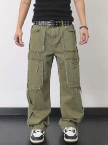 Manfinity EMRG Men's Casual Patchwork Fringed Jeans - Army Green - View 6