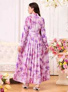 Elegant Floral Print Ruffled Hem Long Dress With Collar, Suitable For Teen Girls, Vacation & Holiday Wear - Multicolor - View 2