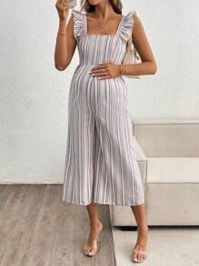 SHEIN Mono de embarazo informal con mangas con volantes, cuello cuadrado y decoración de lazo, con pantalones 3/4