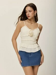 Poéselle Top decorativo tipo camiseta de verano con estampado floral y diseño de capas, estilo francés, nueva colección de primavera y verano, top elegante para mujer - Blanco - Ver 7