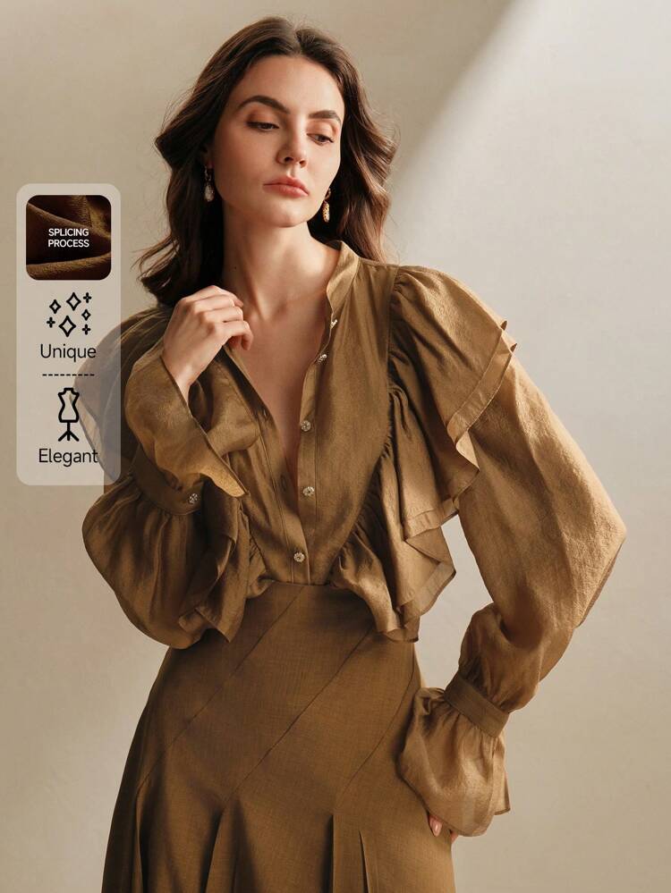 Élégante blouse de bureau à volants, Top chemise marron pour femmes, Nouvel An