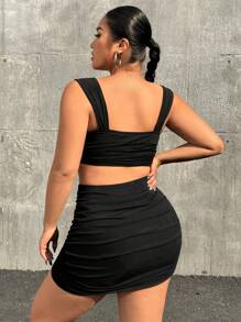 SHEIN EZwear 大码女式 2 件套纯色不对称下摆吊带背心和裙子套装