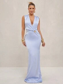 Lumalex Light Blue Summer Elegant Day Party Super Long Deep V-Neck Sleeveless Twist Front Bodycon Dress For Women,Bohemian Old Money Banquet Wedding Season - Baby Blue - View 1