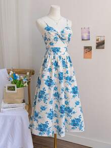 Soleia Sexy & Romantic Gradient Print Plunging Neckline Backless Tie Strap Vintage Dress, Suitable For Vacation, Music Festival, Bohemian, Holiday Date, Spring, Valentine's Day Afternoon Tea