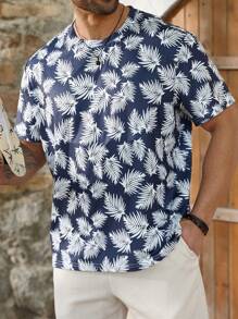 ResortEase Plus Size Men's Tropical Plant Print Short Sleeve T-Shirt