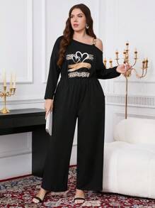 Ellevyn Salopetă neagră pentru femei, mărime plus, cu umeri goi, decolteu asimetric, decorațiuni metalice, casual, cu imprimeu leopard și inimă, tricotată, Ziua Îndrăgostiților, ținute de vacanță pentru femei, haine de Ziua Îndrăgostiților, inimă, iubită, ieșiri în oraș, vară, vintage, imprimeu ghepard, imprimeu leopard, umerii goi, salopetă neagră pentru femei - Negru - Vizualizare 5