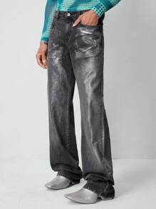 ROMWE MEN Street Life Jeans casuales rectos con bolsillo, botón y cremallera de unicolor para hombre - Celeste - Ver 3
