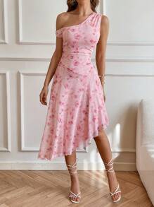 SHEIN VCAY Váy thường ngày lệch vai họa tiết hoa nhỏ nhắn, ngày lễ tình nhân, trang phục hẹn hò, trang phục nghỉ lễ cho nữ - Hồng - Xem 1