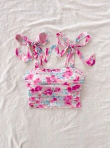 Soleia 女士浪漫花卉印花露背交叉带褶皱吊带背心，适合派对、情人节 - 彩色 - 查看 3