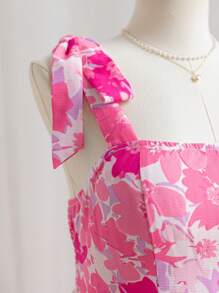 Soleia Plus Size Women Boho Floral Print Romantic Bowknot Cami Dress With Cinched Waist And A-Line Silhouette, Spring, For Summer,Beach Dress Sundress,Holiday Outfits