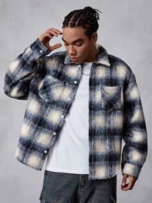 ROMWE MEN Street Life Plaid Loose Fit Heavyweight Jacket For Men - Blue - View 6