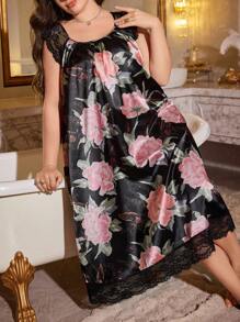MuseNap CURVE Embroidered Delicate Lace Splicing Design Pink Floral Maxi Plus Size Dress, Faux Silk - Black - View 5