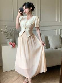 DAZY V-Neck Puff Sleeve Shirt & Pleated Skirt 2 Pieces Set For Women - Apricot - View 3