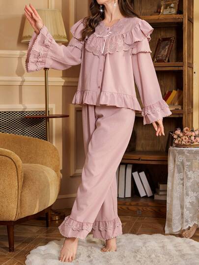 PalaceNights Vintage Palace Style Ruffle Trim Button Up Top And Pants Pajama Set For Women Holiday Season, Fall Winter Clothes Cozy And Elegant Details