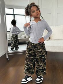 SHEIN Young Girl Knit Solid Color Long Sleeve T-Shirt And Camouflage Joggers For Streetwear,Great For Casual & Daily Wear ,Autumn Winter