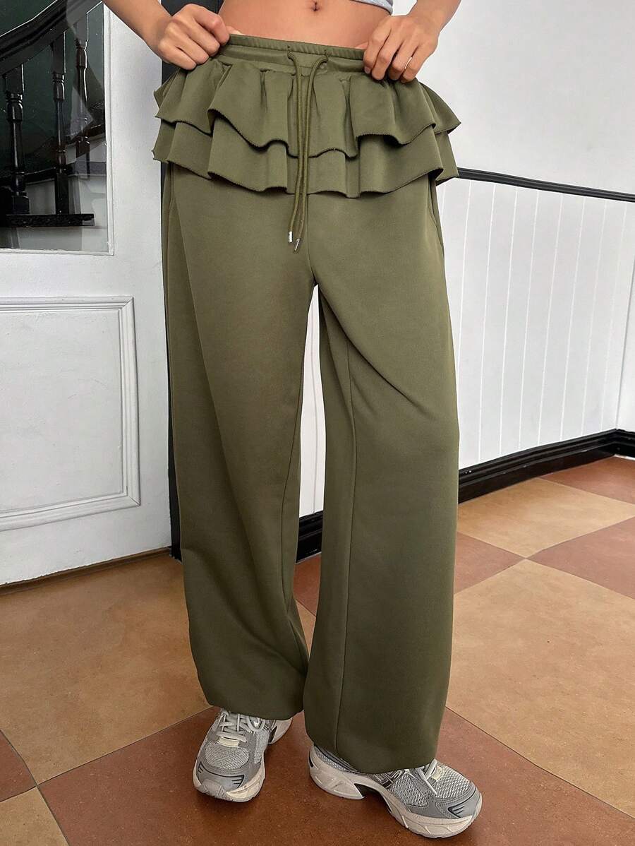 Calça de moletom feminina com babados e cordão na cintura, cor sólida, para corrida - Verde - Ver 1