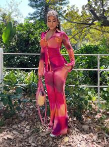 SHEIN SXY 2pcs Set Sexy Sheer Elegant Tie Dye Print Blouse And Pants Outfit - Pink - View 3