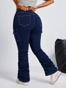 SHEIN ICON Plus Size Front Button Pocket Simple Slim Fit Casual Jeans - Navy Blue - View 2
