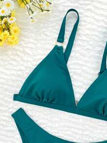 Set de 2 piezas de bikini de verano para mujer, de unicolor, con tirantes gruesos y hebilla redonda, sexy