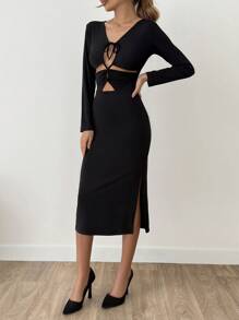 EURMUSE BLACK MIDI SEXY ELEGANT CUT OUT MIDI DRESS - Black - View 4