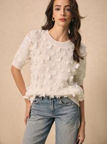 Poéselle White Short-Sleeved Sweater, Three-Dimensional Flower Sweater, Spring And Summer Sweater,Valentine's Day Sweater,Cute Tops,Women Embellished Round Neck Short Sleeve Sweater, Suitable For Everyday, Street, Date And Other Occasions To Wear