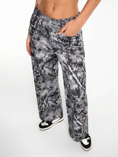 SHEIN EZwear Women's Fall Grunge Music Festival Camo Tree Branch Pattern Wide Leg Pants
