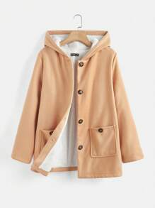 SHEIN EZwear Plus Size Simple Solid Color Double Pocket Button Closure Hooded Thermal Lined Casual Jacket For Autumn/Winter - Camel - View 1
