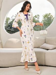 女士碎花印花系带喇叭袖连衣裙，优雅 - 彩色 - 查看 4