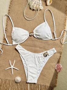 Swim Mod 2 món/Bộ đồ bơi nữ mùa hè họa tiết vỏ sò vải trắng họa tiết áo Bandeau và quần bikini khoét sâu - Màu be - Xem 1