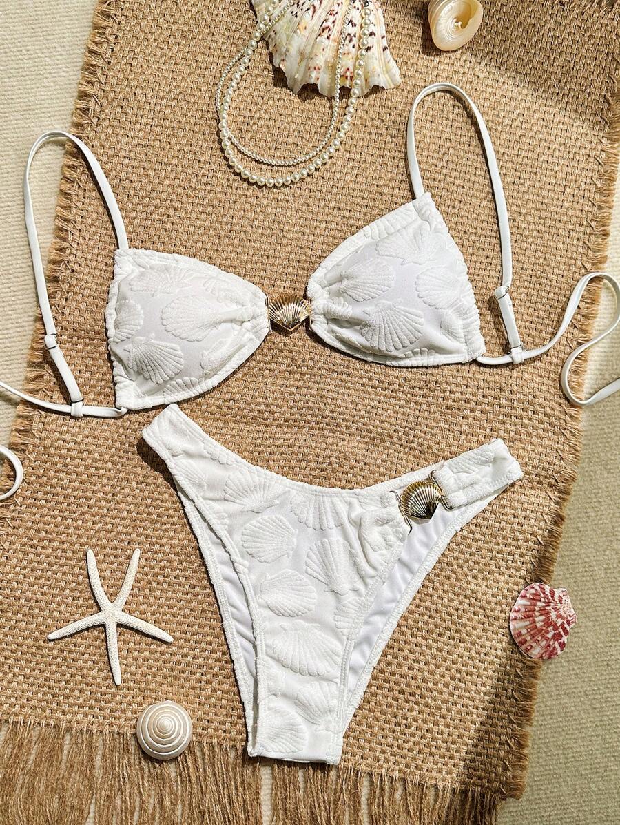 Swim Mod 2 món/Bộ đồ bơi nữ mùa hè họa tiết vỏ sò vải trắng họa tiết áo Bandeau và quần bikini khoét sâu - Màu be - Xem 1