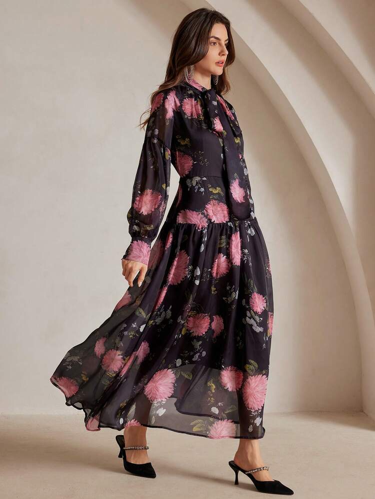 Women's New Pleated Floral Print A-Line Dress With Flared Long Sleeves, Elegant Fashion Loose Dress