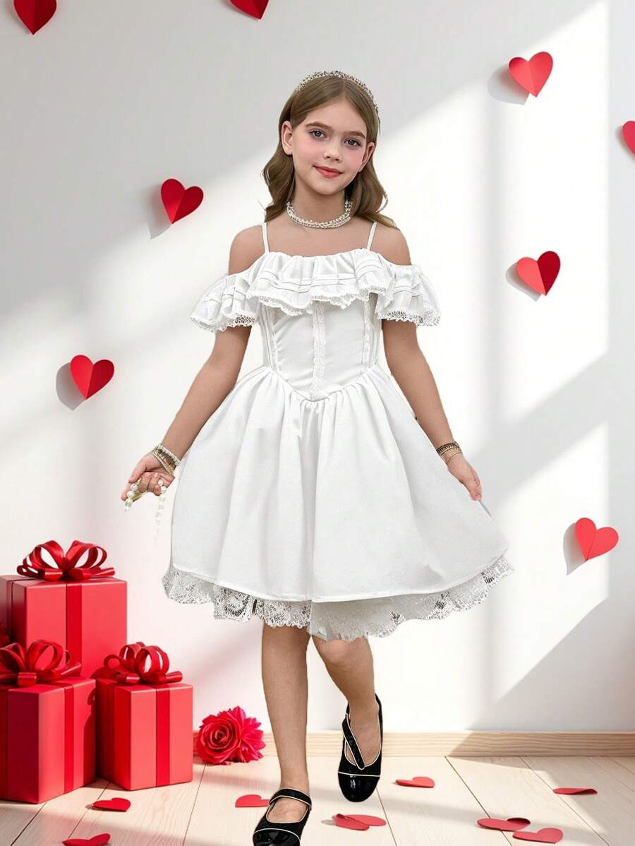 SHEIN Leap Crew Tween Girl Off-Shoulder Sweet Lace Flounce Sleeve Pleated Bust Puff Dress,Elegant White Summer Party Princess Dress For Flower Girl Wedding,Birthday - White - View 1