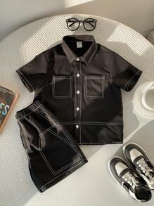 SHEIN 2pcs/Set Young Boys Casual Contrast Stitching Short Sleeve Shirt And Shorts