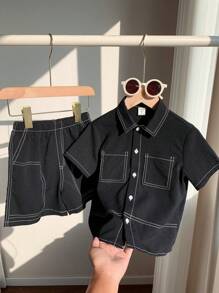 SHEIN 2pcs/Set Young Boys Casual Contrast Stitching Short Sleeve Shirt And Shorts