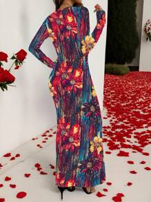 Glamance Warp Atelie Women Red Maxi Dresses Long Sleeve Round Neck Elegant Plants,Plain,All Over Print Summer Outfits For Women Summer Dress For Women Sundress For Women Vacation Dress Going Out - Red - View 2