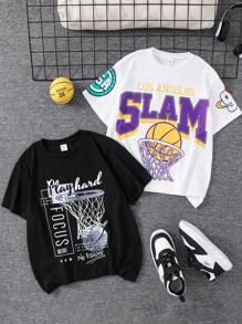 SHEIN 2 szt./zestaw dla chłopców z krótkim rękawem, casualowe koszulki do koszykówki z grafiką