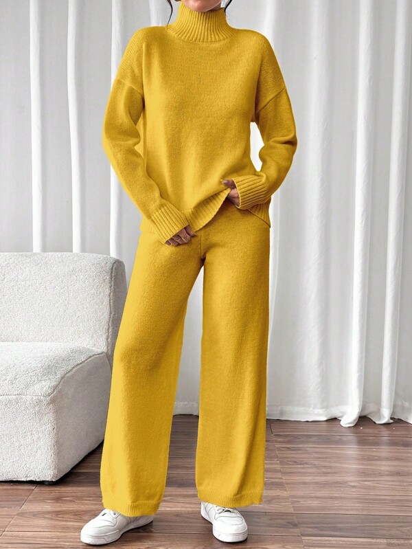 Chiquease 2pcs/Set Solid Color Long Sleeve Sweater Top And Pants