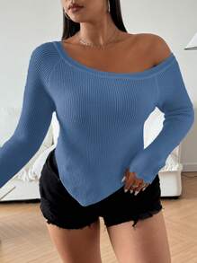 Calvaya Plus Size Solid Color Asymmetrical Collar Long Sleeve Sweater Pullover Knit Pullover Fall Winter Sweater - Dusty Blue - View 4