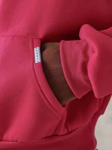 SUMWON Oversized Fleece Hoodie Fall Winter Casual Sweatshirt Streetwear Relaxed Fit Loungewear Minimalist Essential Comfortable Athletic Workout Unisex Pullover Hood Drawstring - Red - View 5