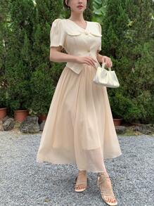 DAZY V-Neck Puff Sleeve Shirt & Pleated Skirt 2 Pieces Set For Women - Apricot - View 4