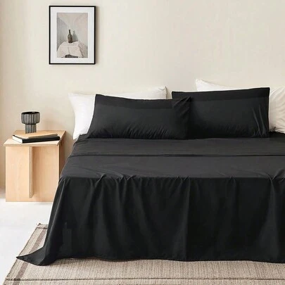 1 pieza Sábana de 80 g/m² de fibra ultrafina, suave, hipoalergénica, transpirable, lavable a máquina, resistente a las arrugas, no destiñe, de unicolor, material de poliéster, tejido duradero, para uso doméstico/escolar, negro