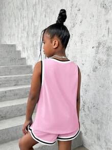 SHEIN Tween 女童运动街头服饰字母印花针织无袖短裤 2 件套 - 西瓜粉 - 查看 2
