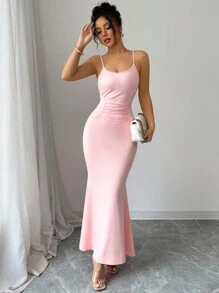 Elenzga Spaghetti Strap Square Neck Fitted Waist Elasticated Bodycon Fishtail Dress, Versatile - Pink - View 4