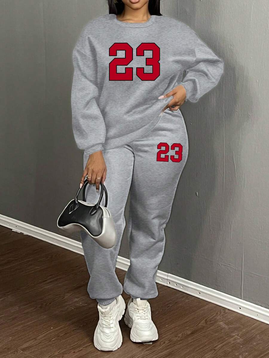 Slaydiva 2pcs/Set Setelan Sweatshirt Leher Bulat Oversized Wanita dan Celana Panjang Kasual dengan Tali Serut di Pergelangan Kaki, Musim Gugur/Dingin