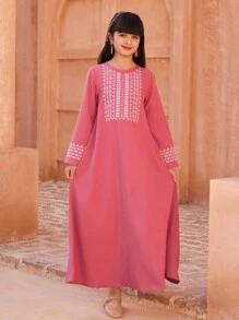 Tween Girl Elegant Embroidered Long Dress - Pink - View 3
